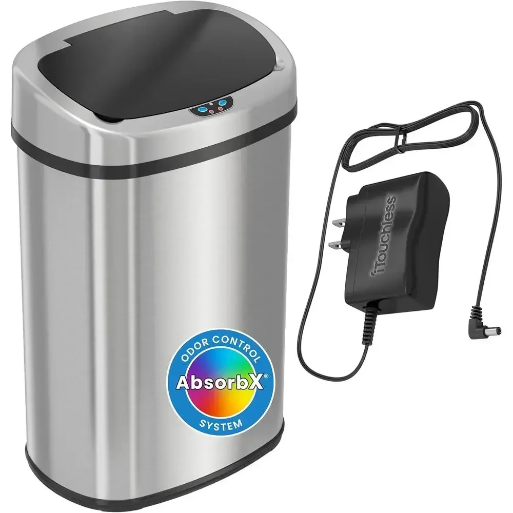 Motion-Activated 13-Gallon Stainless Steel Trash Can with Lid, Odor Filter, and AC Adapter for Home or Office Use
