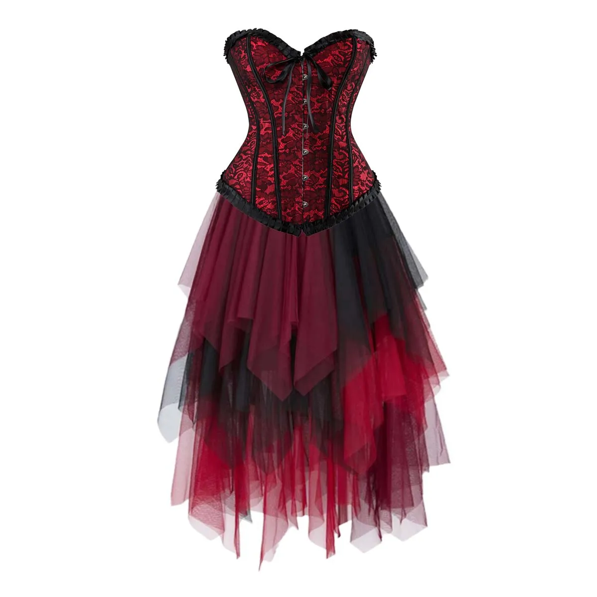 

Корсетное платье-костюм с юбкой, длинный комплект с кружевным бюстье, сексуальный наряд для вечеринок, бурлеск, большие размеры, готический стиль, красный, на Хэллоуин