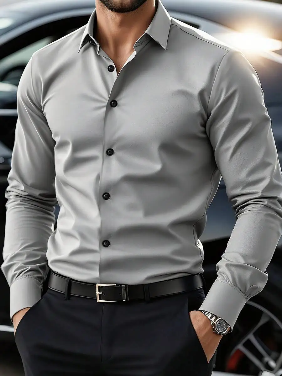 

Men's Gray Long Sleeve Button-Down Shirt, Slim Fit, Casual to Formal Wear