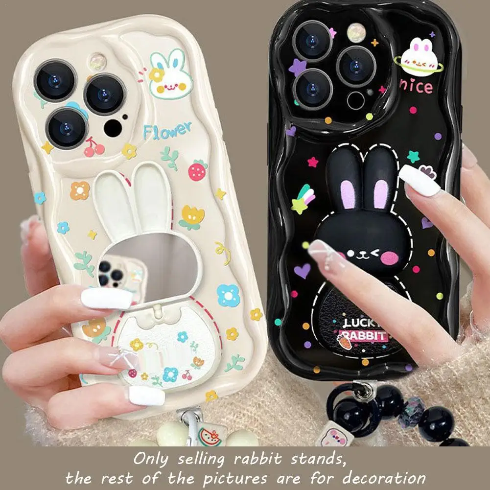 Suitable for iPhone 15/14 Phone Case Rabbit Mirror Stand Full Pack Cream Pattern Pendant