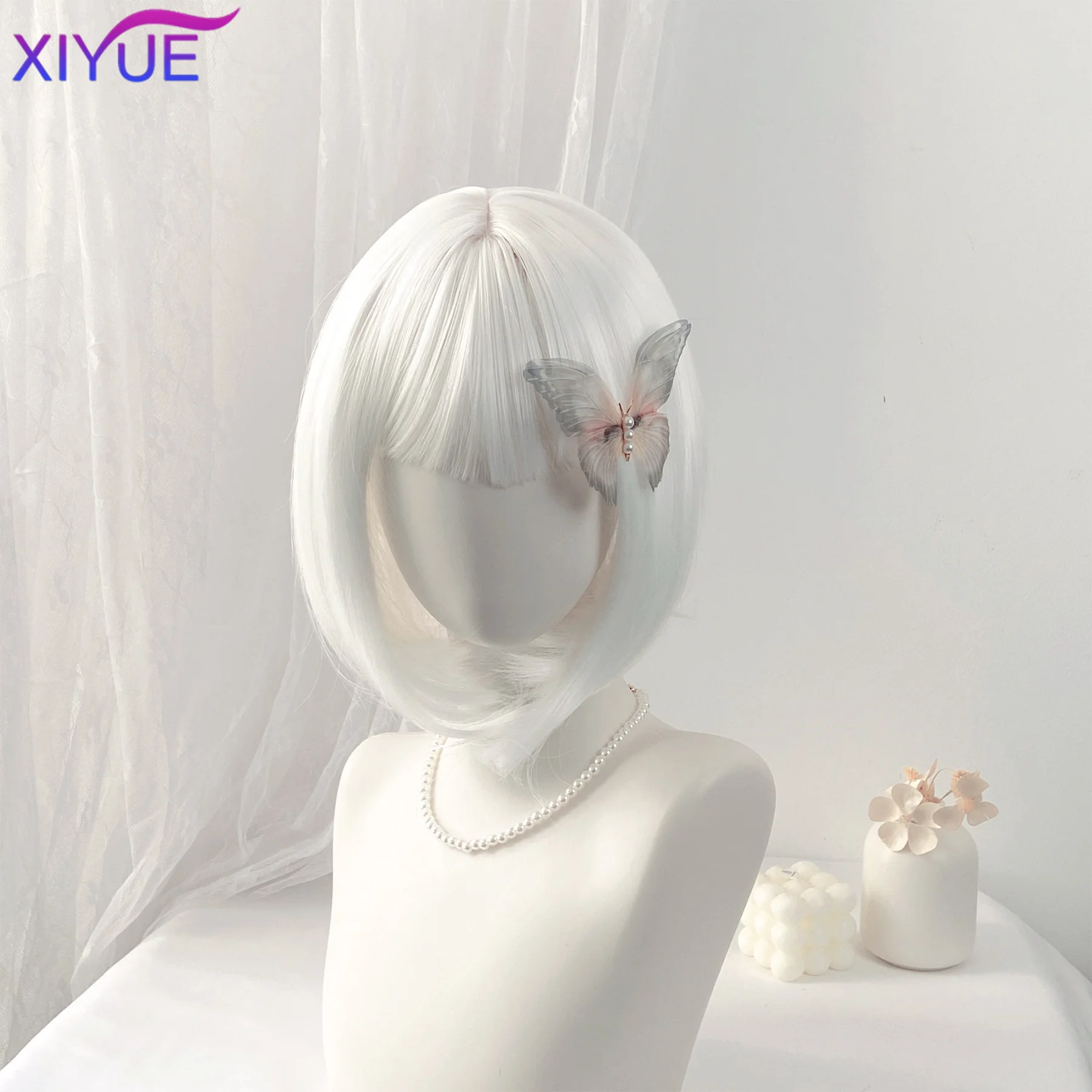 white Bob Synthetic wig Short straight hair with bangs Multi-colored Halloween cosplay daily wear high temperature silk wig