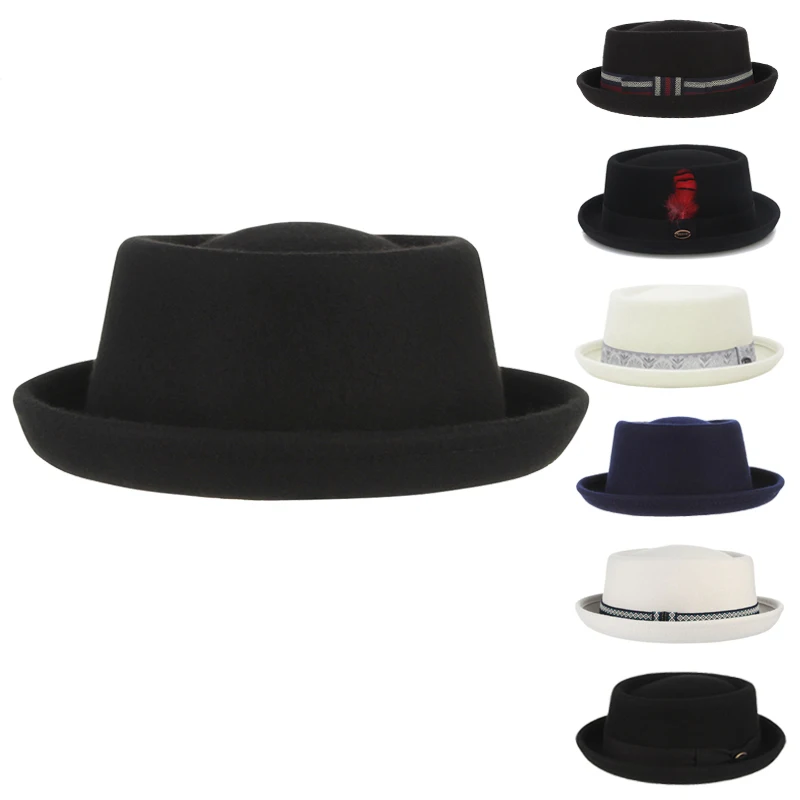 GEMVIE 100% Wool Men Pork Pie Hat For Dad Uniex White Black Top Hat Lady Gentleman Flat Bowler Porkpie Fedora For Women
