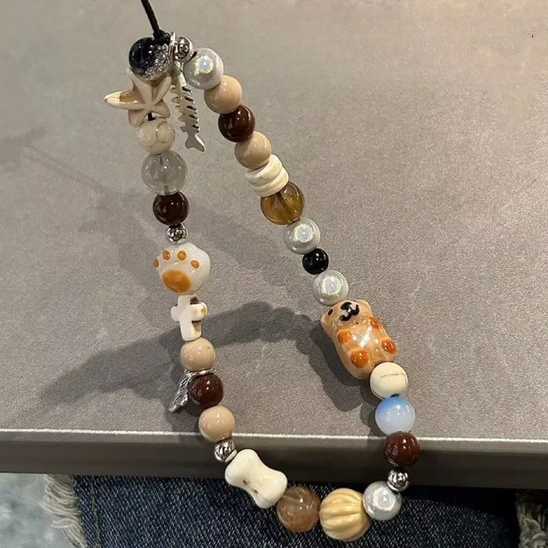 

Korean Cute Bear Stone Beaded Phone Chain For iPhone Bracelet Strap Lanyard Pendant Jewelry Women Girls Charm Hanging Rope Cord