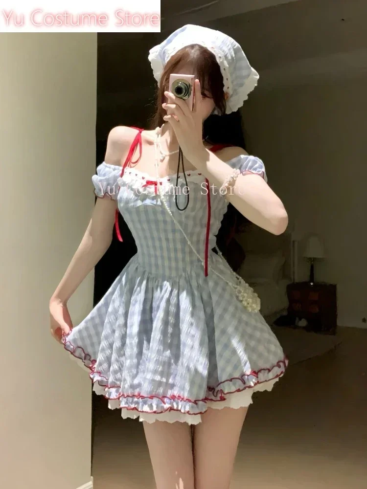 

Japanese Kawaii Sweet Short Party Dress Women Sleeve Y2k Vintage Plaid Mini Dress Female Elegant Lolita Clothing Outfits 2025