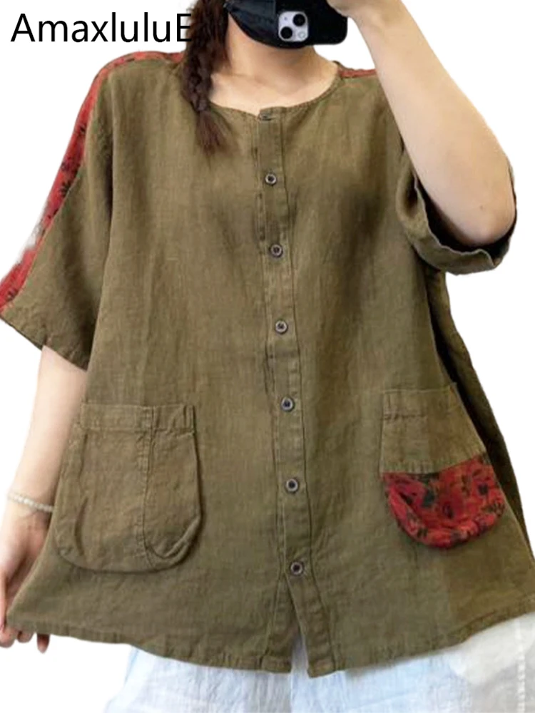 Amax LuluE 2026 Sommer Vintage Mäntel Damen Mode Lose Baumwoll-Leinen-Jacken Damen Lässige Klassische Bedruckte Patchwork-Oberbekleidung