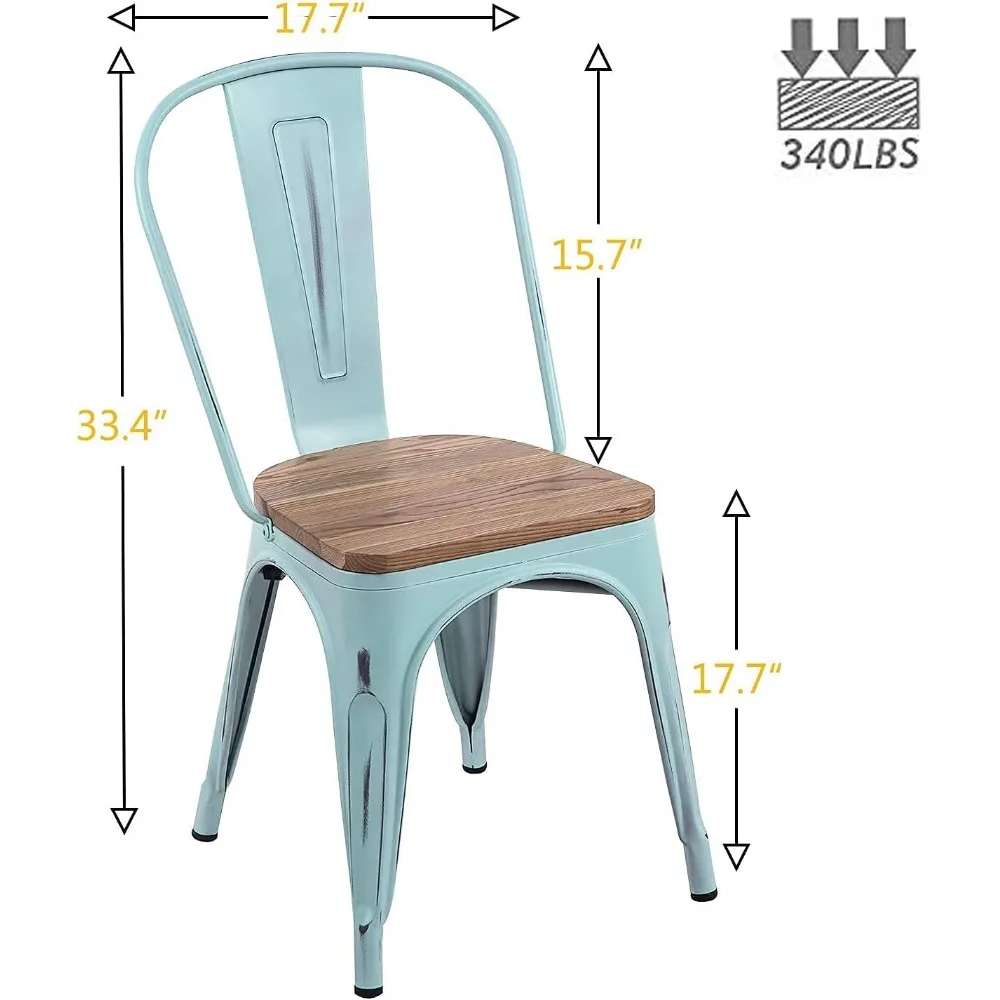 Sillas de Metal con asiento de madera, Juego de 4 asientos desgastados industriales modernos para interiores y exteriores, cocina y comedor