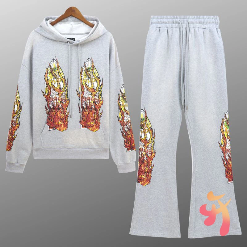 

24ss Stock Winter Glass Flame WHO DECIDES WAR Hoodies Vinatge Washed Grey Hiphop Street Men Women Tracksuit Bell-bottoms