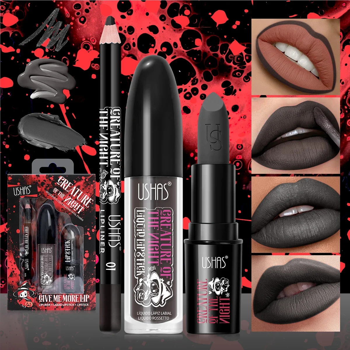 Langdurige fluwelen lippenstiftset Matte niet-overdracht Waterdichte lipglossvoering Combo Hoge kleurintensiteit Halloween-make-up