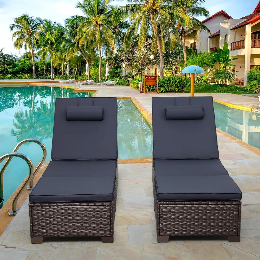 Ensemble de 2 chaises longues d'extérieur, chaises longues de patio, dossier réglable multi-angle avec coussins et appui-tête