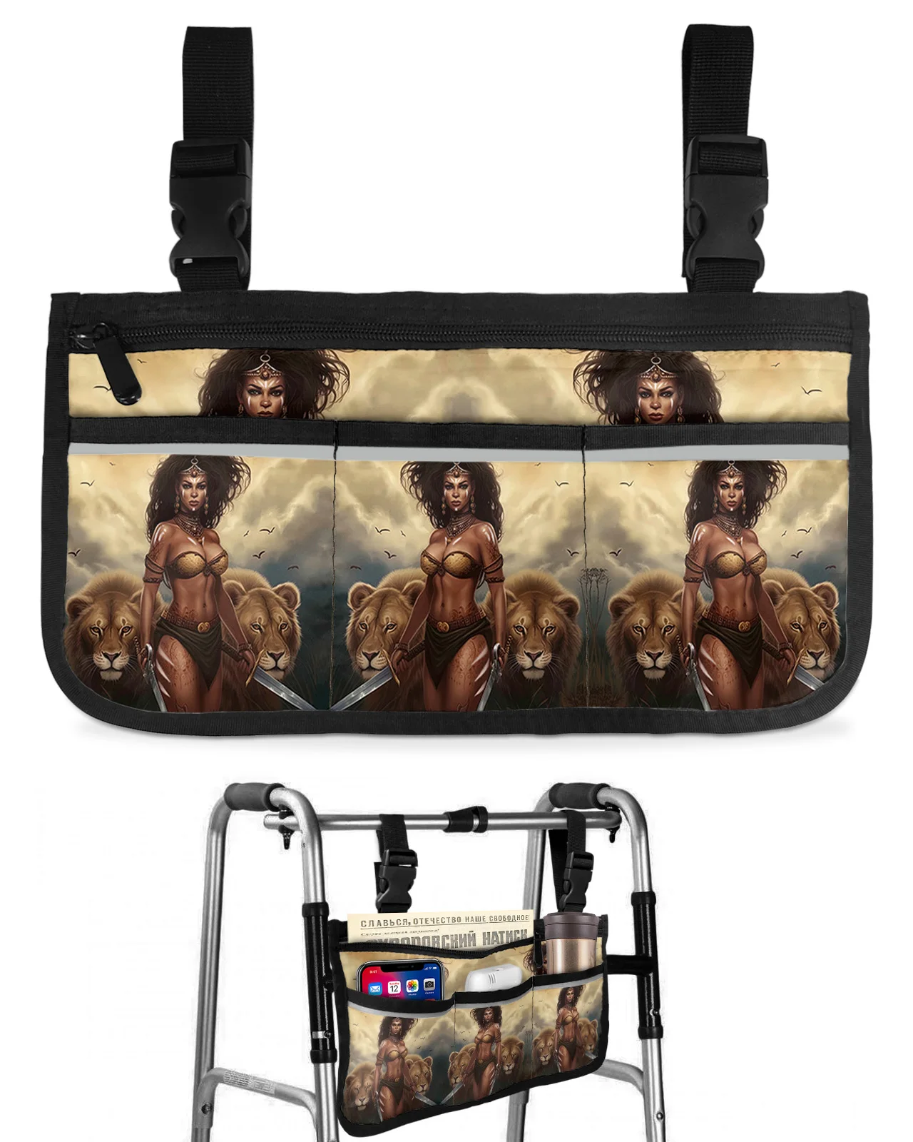 African Savanna Woman Lion Wheelchair Bag With Pockets Armrest Side Bags Electric Scooter Walking Frame Storage Pouch