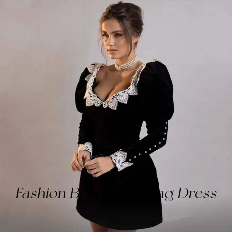 Fashion Beauty Black Velvet Evening Dresses Long Sleeves Lace Short Mini Cocktail Party Dress For Women 2024 فساتين السهرة