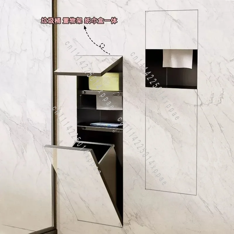 For Toilet Side Embedded Wall Cabinet, Hidden Stainless Steel Niche With Trash Can And Tissue Box