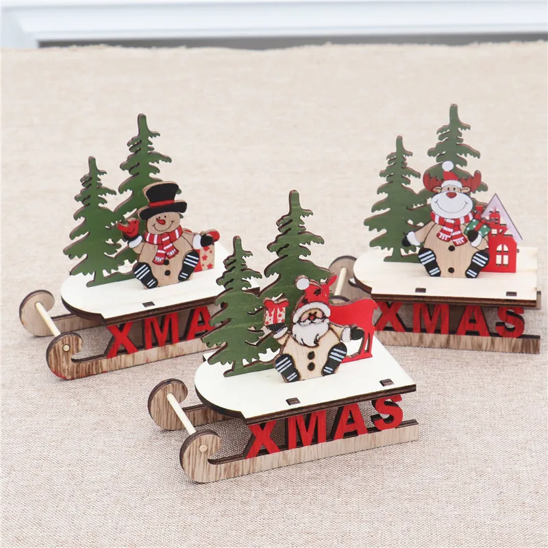 Snowman Wooden Desktop Christmas Decorations Xmas Sleigh Santa Claus Deer Cart Merry Xmas New Yaer Party Decor For 2025 Navidad