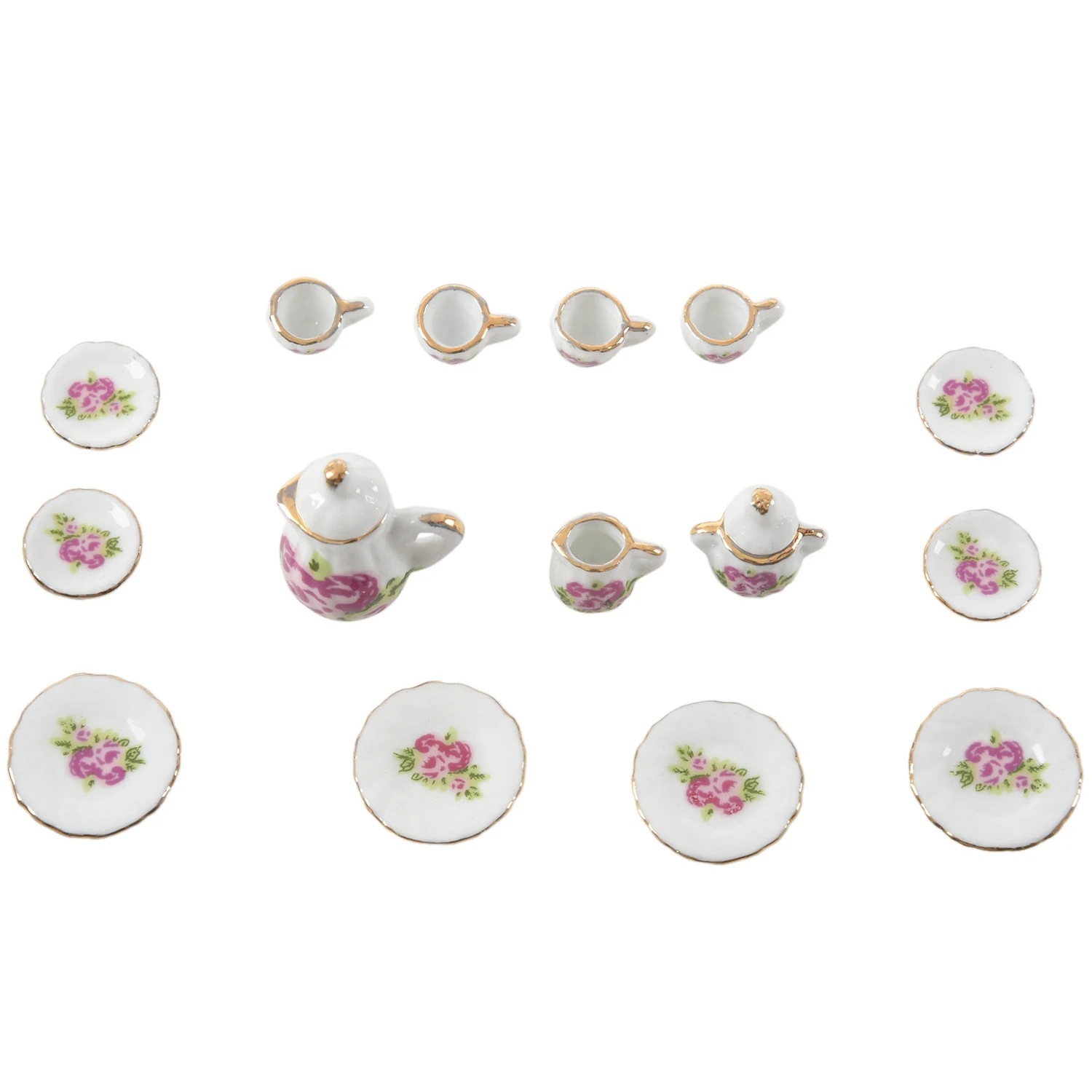 15 pieces Porcelain tea set Dollhouse miniature foods Chinese rose dishes