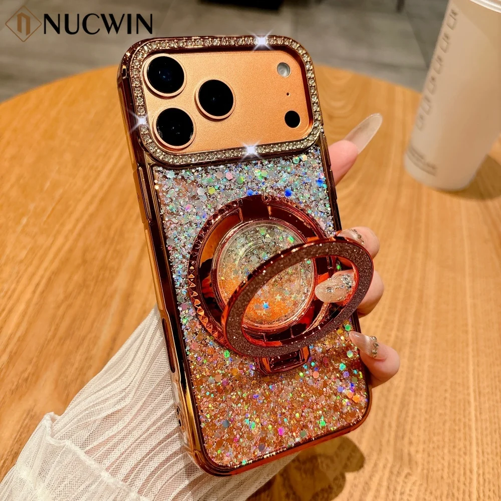 

Магнитный чехол для телефона с блестящим кольцом и кронштейном для iPhone 17 Pro Max 16 15 14 13 Pro Max 17Air, противоударный мягкий чехол с зыбучим песком