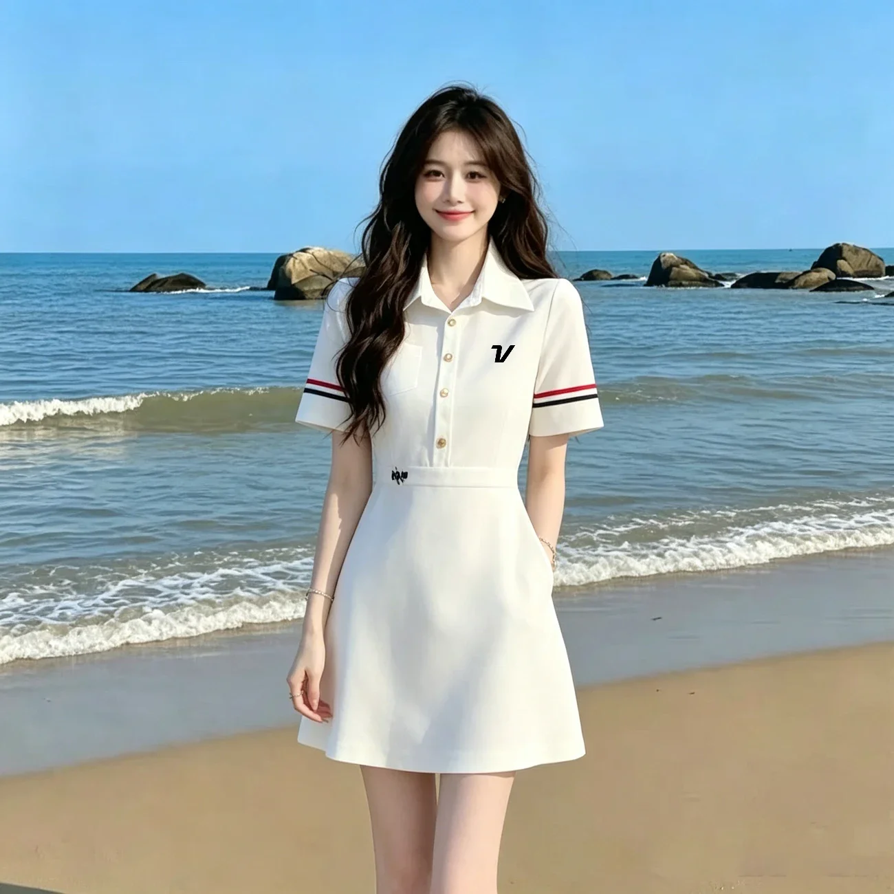 Summer Women Golf Dress Striped Slimming Light Luxury Temperament Short Polo Collar White Dress Fashion Casual Golf Clothing