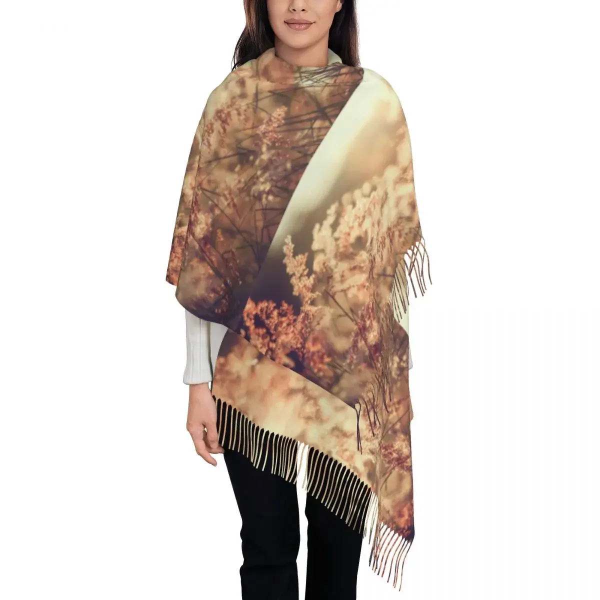 Personalized Printed Vintage Flowers Grass Blurred On Sunset Photo Long Pile Fringe Men Scarf Women'S Anti Chill 