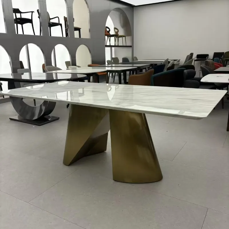 Modern luxury stainless steel framed dining table with marble top household furniture, suitable for apartment use