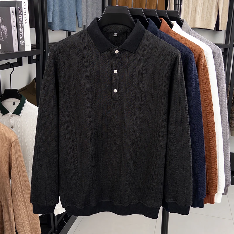 Polo da uomo a maniche lunghe lavorata a maglia jacquard alla moda, comfort di alta qualità, primavera autunno, maglione con risvolto casual in tinta unita