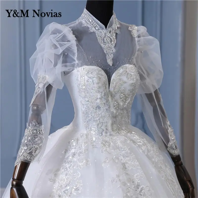 Y & m novias billig High Neck Perlen Brautkleid Dubai Stil Vintage Spitze Hochzeits kleid für Party Frauen Bridel Kleider lange Ärmel