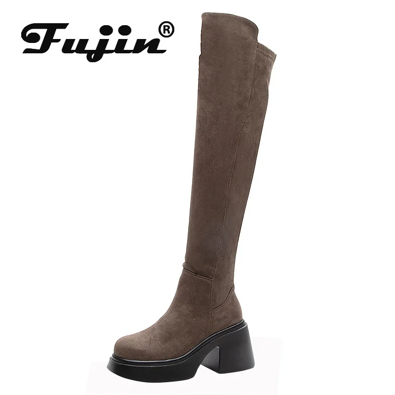 

Fujin 8cm Suede Leather Over Knee High Motorcycle Boots Platform Wedge Thick Heel Booties Autumn Spring Women Winter Plush Shoes