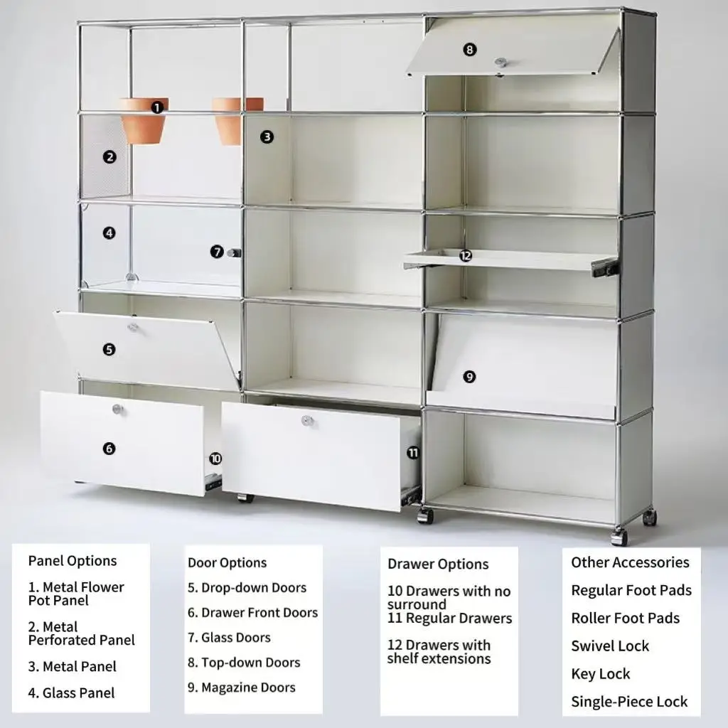 Modular combination cabinets Bauhaus stainless steel metal bedroom side table bedside storage