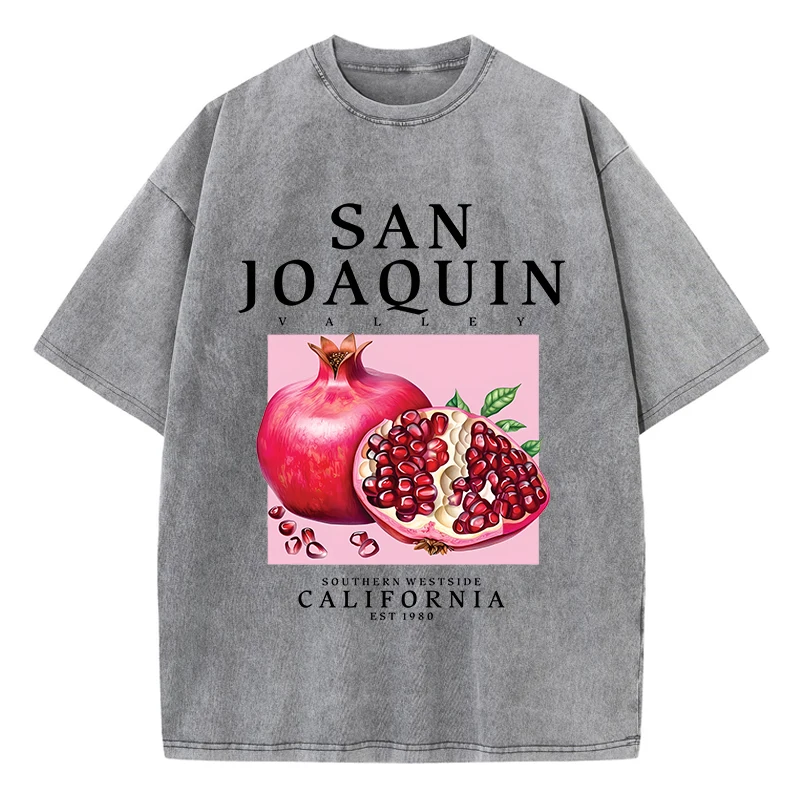 

San Joaquin California Pomegranate Prints Washed T-Shirts Women Cotton Tops Distressed O-Neck Comfortable T Shirt Summer Clothes