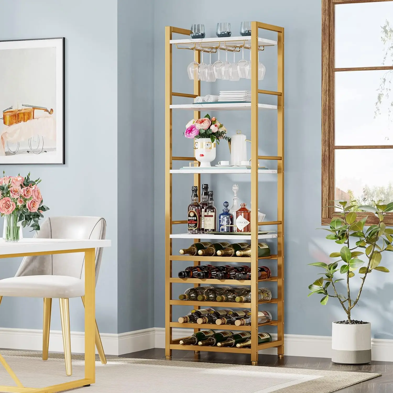 20 Bottle Wine Bakers Rack, 9 Tier Freestanding Gold Wine Rack with Glass Holder and Storage Shelves, 2PCS Faux Marble Cabinet