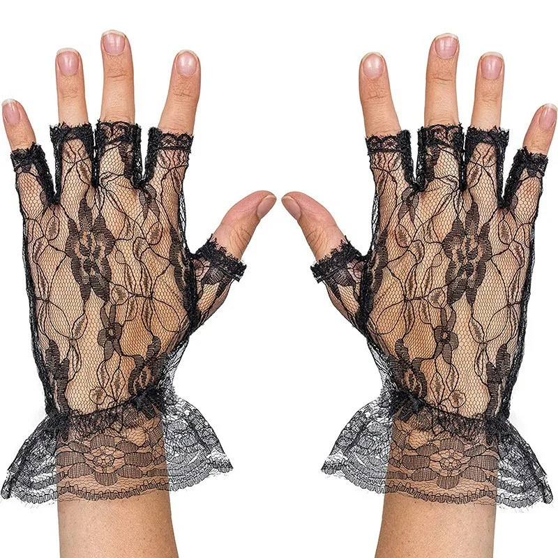 Women Sexy Lace Flower Transparent Thin Half Finger Gloves Cosplay Party Stage Performance Fashionable Personality Soft