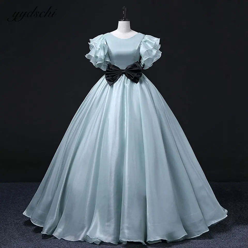 Customized Lovely Blue Satin Ruched Simple Evening Dresses Princess Quinceanera Prom Gowns With Sashes Vestidos De 15 Años