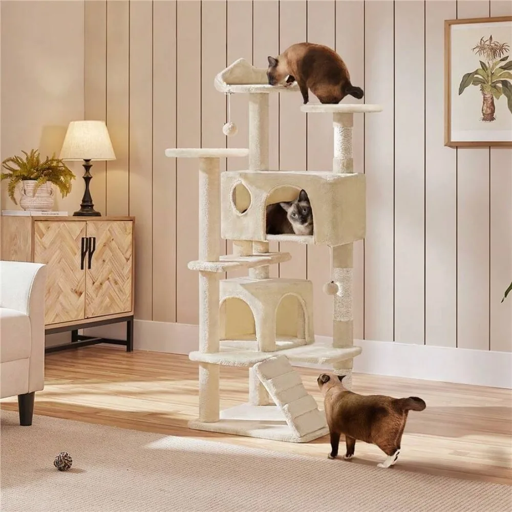 54″ Tall Cat Tree Tower, Multi-Level Cat Condo With 2 Houses, 2 Dangling Balls & 3 Scratching Posts For Kittens