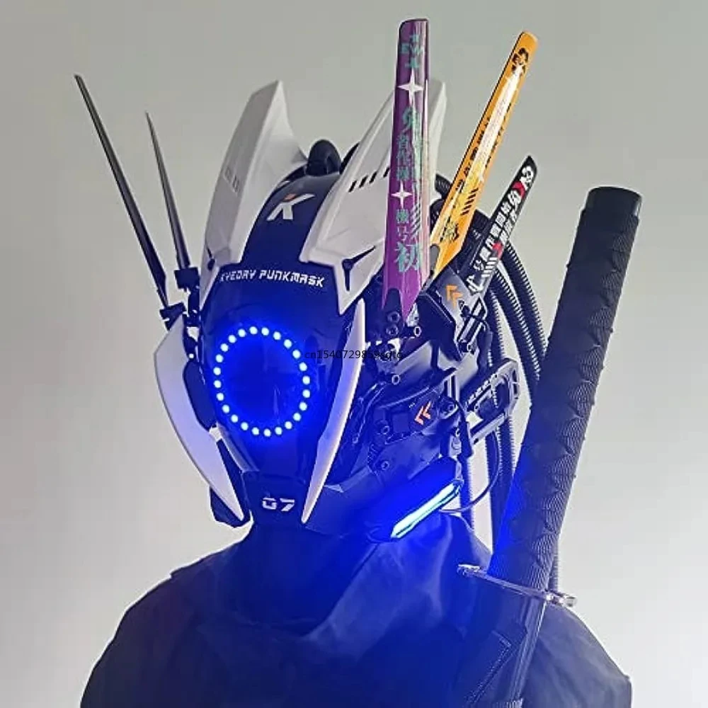 JAUPTO Punk Mask Cosplay for Men, Multicolor LED Round Light Mask Cosplay Halloween Fit Party Music Festival Accessories
