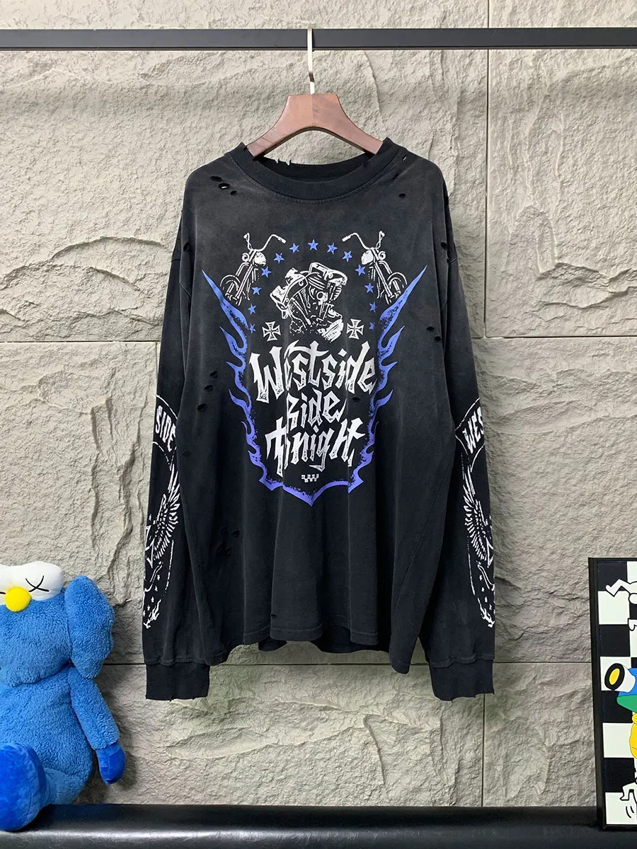 

West Coast Purple Flame Vintage Long Sve T-irt Men's High Street Waed Outwear Breathable Cotton Casual Sle