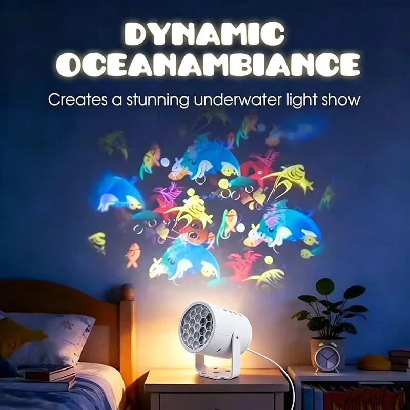Christmas Projector Stage Lamp with Dynamic Snowflake, Kids Ocean Night Light for Bedroom Holiday Party Use