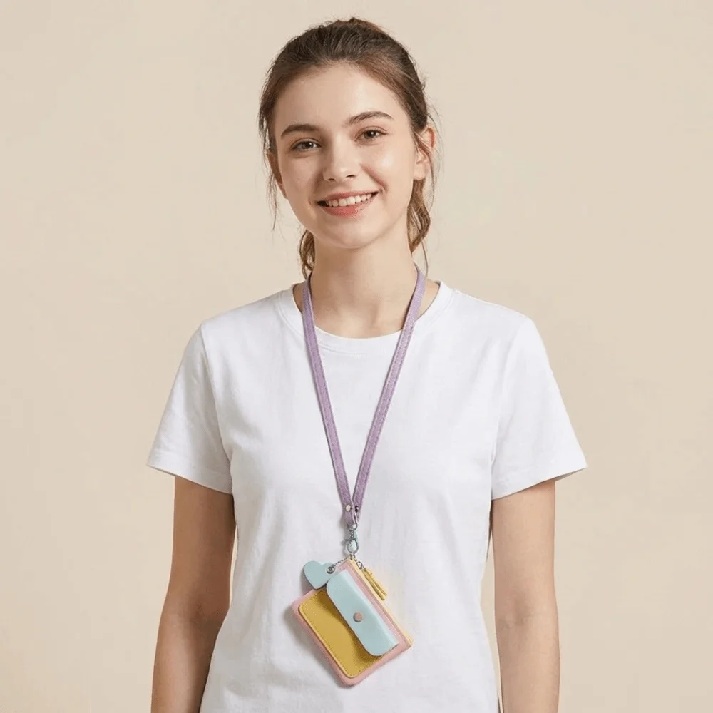 

Simple Macaron Color Hanging Neck Wallet Keychains PU Leather Zipper Coin Purse Mini Keyring Card Holder Travel