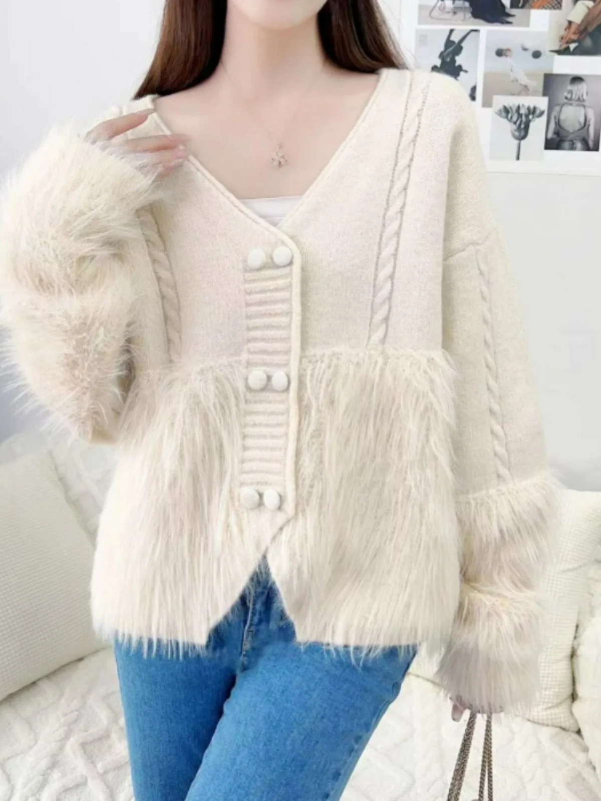 

Премиум-кардиган из трикотажа для женщин: модный дизайн, корейский стиль, V-образный вырез, длинный рукав, эффект стройности