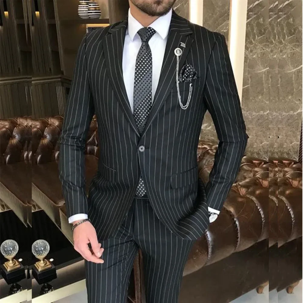 Trajes de rayas negras para hombre, Blazer de una sola botonadura, solapa con muescas, chaqueta de 2 piezas, pantalones, ropa de disfraz elegante, ajuste Delgado