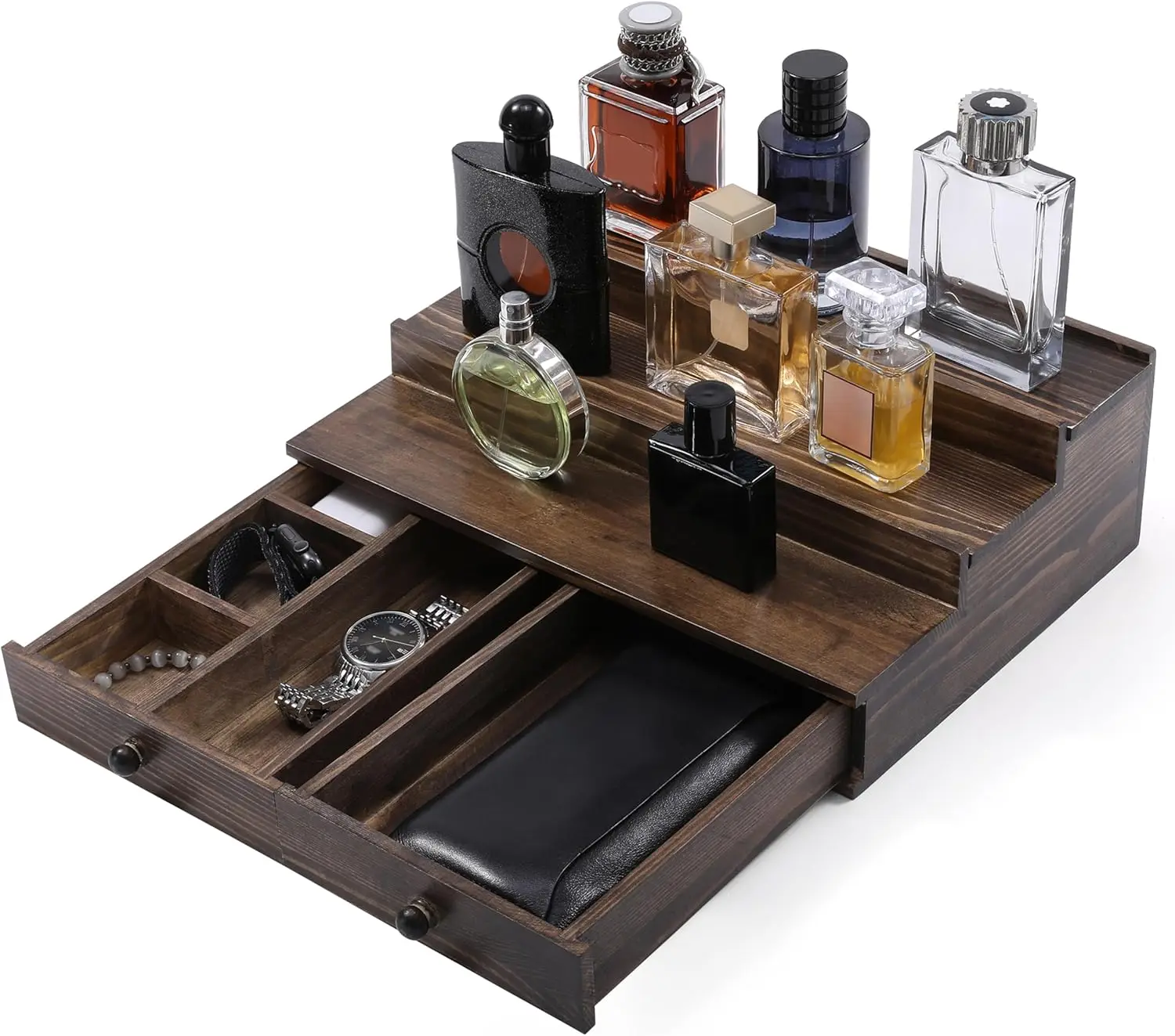 

3-Tier Wooden Cologne Stand with Drawer & Hidden Compartment, Perfume Display Holder for Men, Vintage Gift