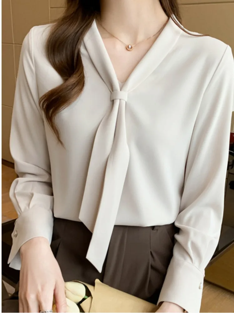 #3229 White Womens Tops And Blouses Cow Collar Office Chiffon Blouse Femme Elegant Long Sleeve Slim France Style Spring Autumn