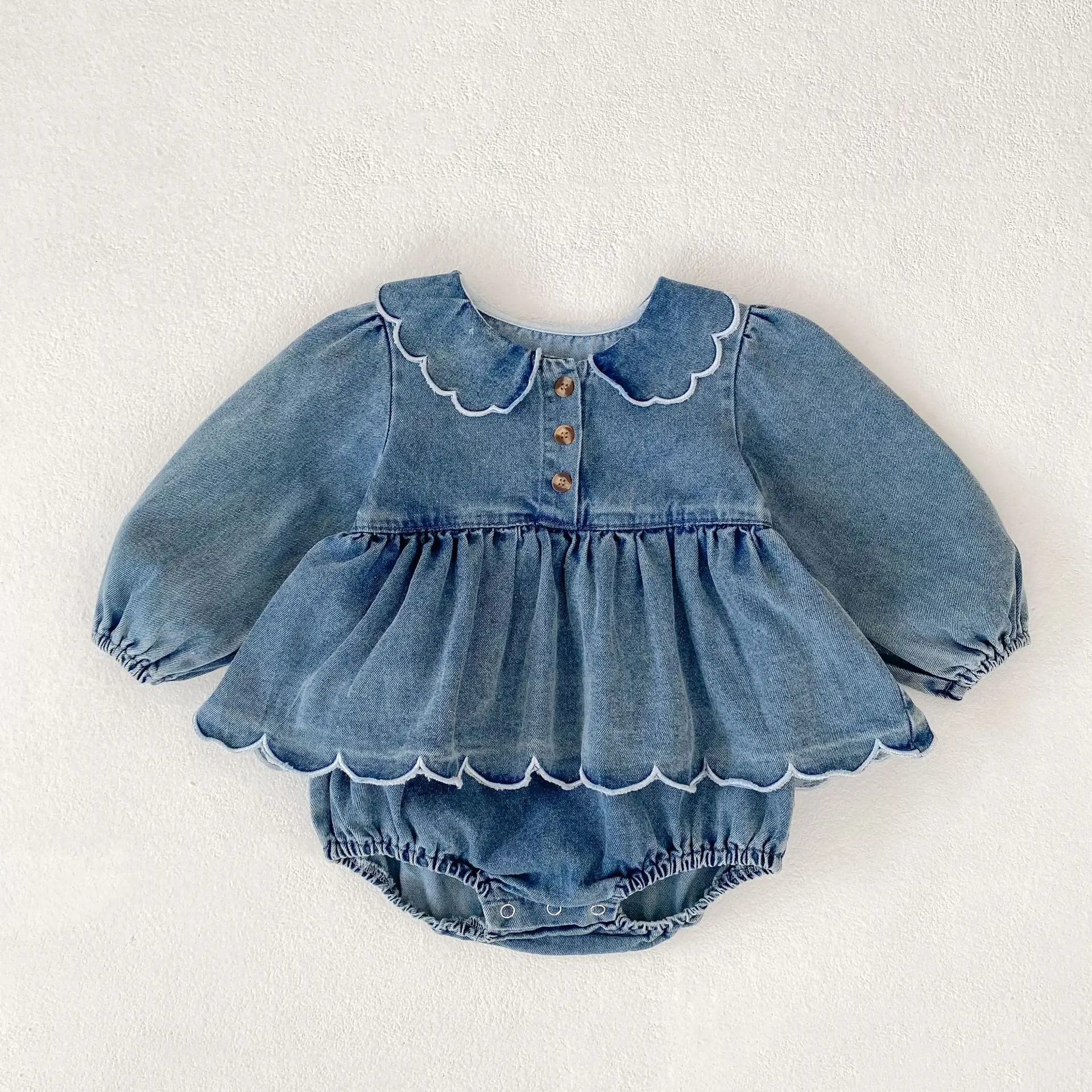 

2025 Autumn New Baby Girl Long Sleeve Denim Bodysuit Solid Girls Cute Lace Princess Dress Infant Jumpsuit Newborn Clothes 0-24M