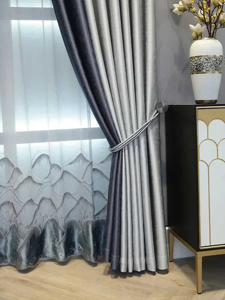 Blue-gray Stitching Luxury Curtains for Living Room Bedroom Modern New Chinese Style High Shading Study Balcony Window Customize
