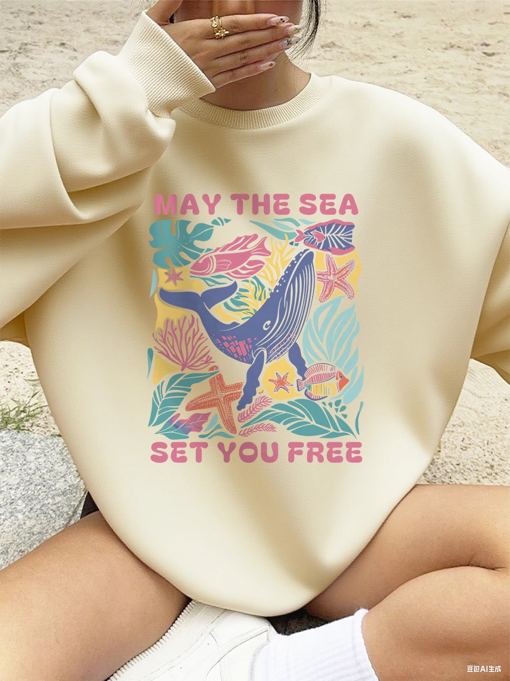 سترة نسائية مطبوعة مجانية من May The Sea مع قلنسوة برقبة دائرية وقلنسوة فضفاضة من الصوف ملابس علوية دافئة للخريف ملابس مريحة