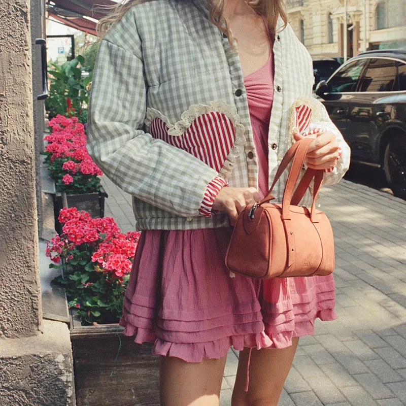 

Jacket Coat Female Cute Outerwear Women Lovely Loose Heart Patterned Parkas 2025 Winter New Long Sleeve Quilted Cotton Padded