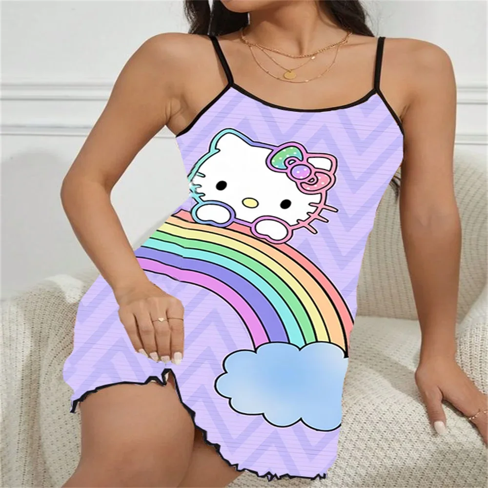 Sexy Fashion Backless Pajama for Women Cartoon Patern Print Female Suspender Pajama Ruffled Edge Design Women's Sleeping Dress