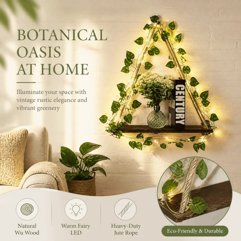 Boho Artificial Ivy Floating Wall Shelf LED Light Hanging Wall Hanging Shelf Floating Wooden Wood Shelf Indoor