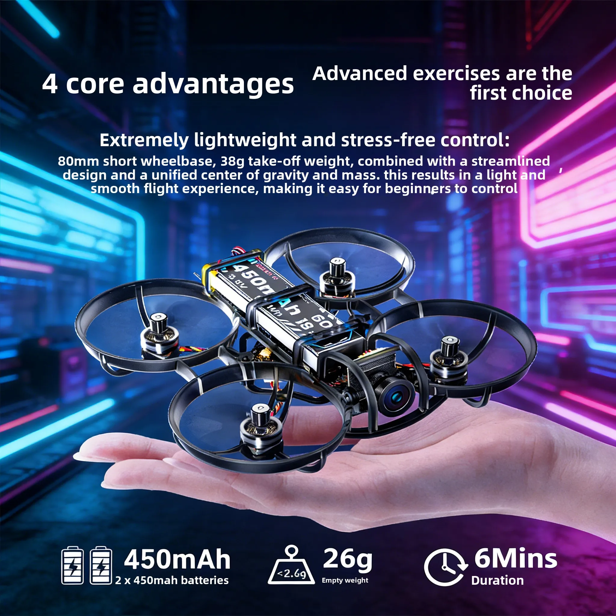 

R8 80mm Brushless Whoop Quadcopter, 5IN1 Racing Freestyle Mini Drone, 1S 60C 450mAh Battery Indoor Beginner Training RC Aircraft