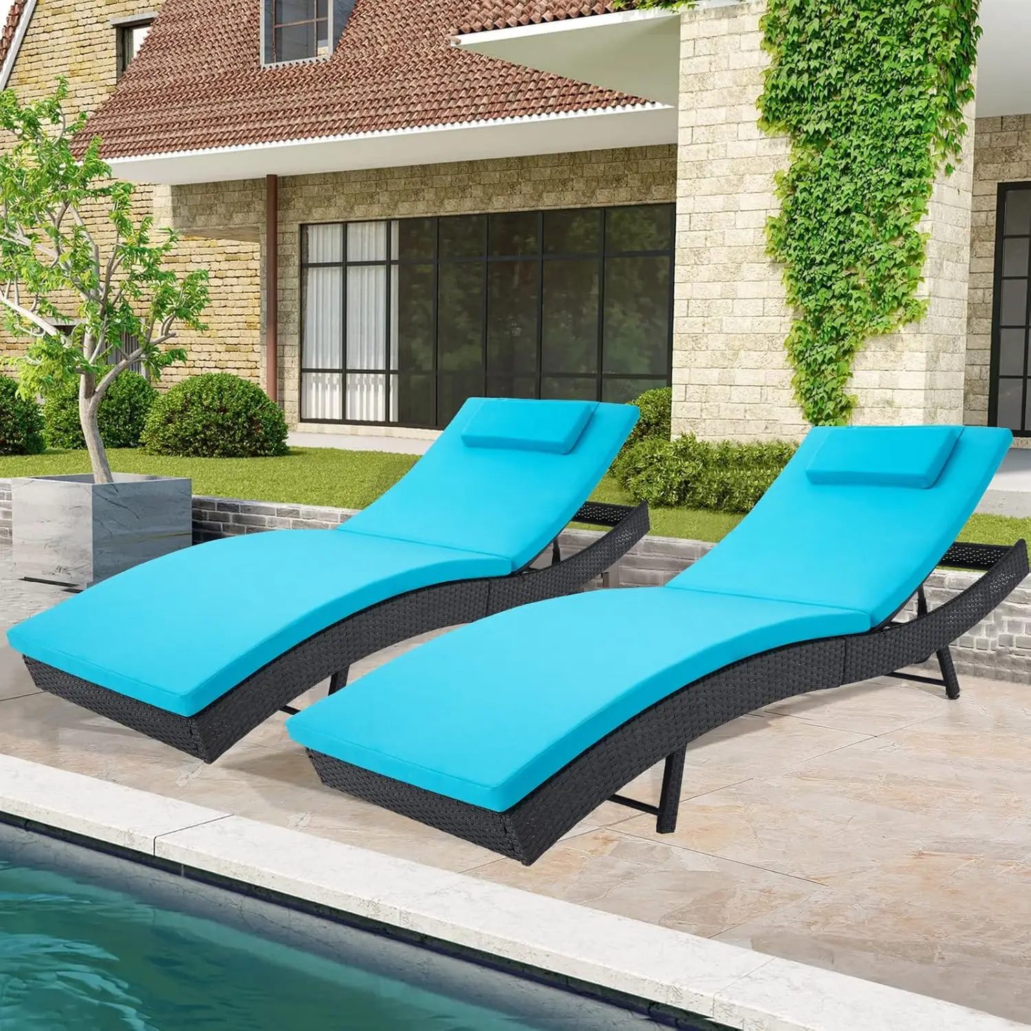 Patio Chaise Lounge Chairs Set, Outdoor Reclining Chaise with Adjustable Backrest, PE Rattan Steel Frame Pool Lounge Ch