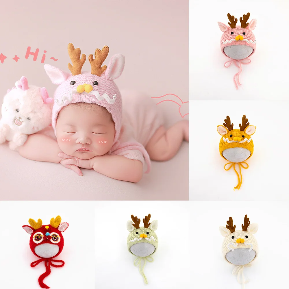 

Dragon Year Theme 0-1 Months Newborn Knitted Hat for Girls and Boys Studio Babies Dragon Image Caps Photography Outfits Props