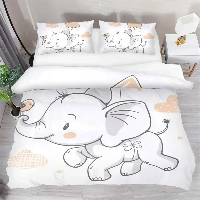 Kids Cartoon Elephant Duvet Cover Lovely Animal Theme Bedding Set Full For Girls Boys Kawaii Room Decor Microfiber Quilt Cover