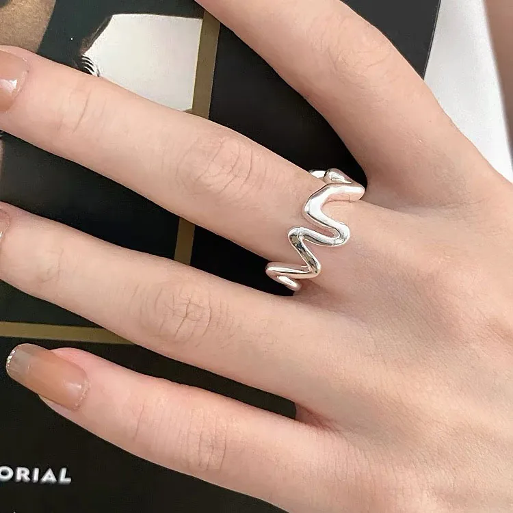 925 Sterling Silver Simple Ring For Women Fine Jewelry Finger Adjustable Open Vintage Wave Line Ring For Party Birthday Gift
